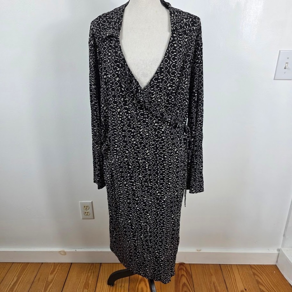 Edit Wrap Dress Women 3X Black White Rayon Long Sleeve Ruffle Geometric Midi